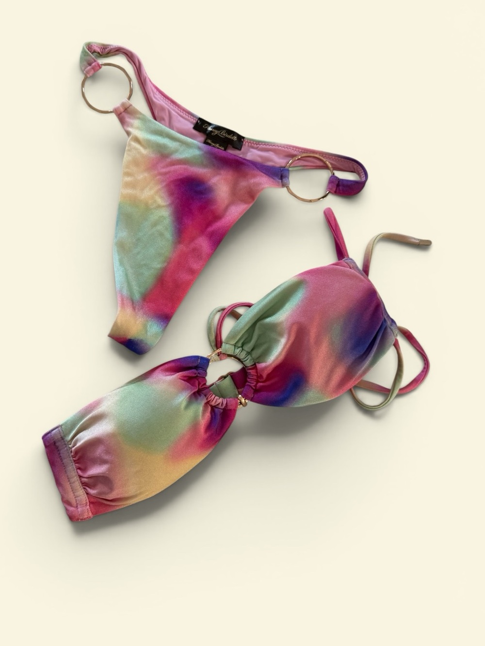 Honey Birdette Rainbow Satin Bikini Set with Gold Ring